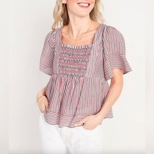 New Old Navy Americana Stripe Smocked Flutter Sleeve Babydoll Peasant Top | XL
